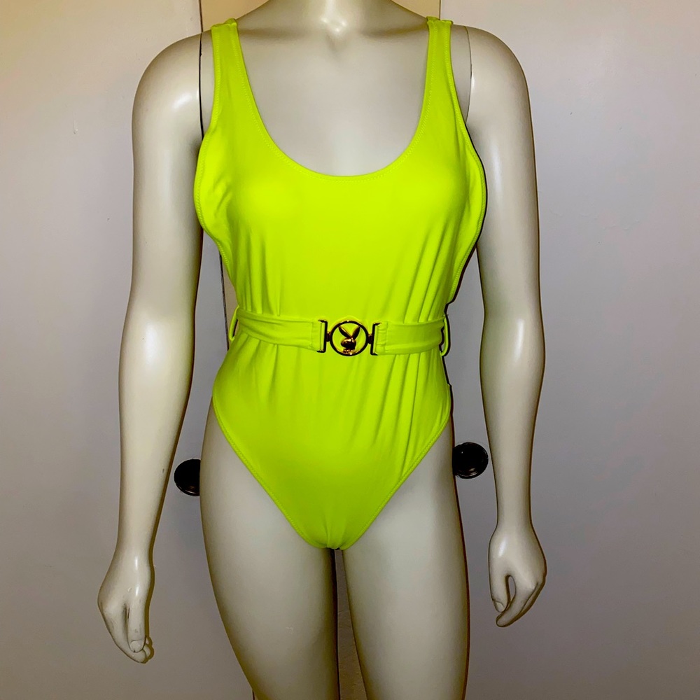 Missguided Playboy Neon Yellow One Piece Swimsuit w/ Belt